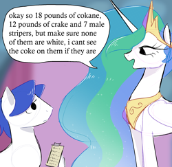 Size: 1952x1895 | Tagged: safe, artist:syrupyyy, princess celestia, alicorn, earth pony, pony, g4, clipboard, crown, dialogue, duo, ethereal mane, eyelashes, female, folded wings, height difference, implied drug use, implied drugs, jewelry, long mane, mare, master chief and luna hanging out, meme, open mouth, peytral, regalia, speech bubble, standing, starry mane, talking, tall, wings