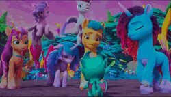Size: 1920x1088 | Tagged: safe, screencap, hitch trailblazer, izzy moonbow, misty brightdawn, pipp petals, sparky sparkeroni, sunny starscout, zipp storm, dragon, earth pony, pegasus, pony, unicorn, family trees, g5, my little pony: make your mark, my little pony: make your mark chapter 5, spoiler:g5, spoiler:my little pony: make your mark, spoiler:my little pony: make your mark chapter 5, spoiler:mymc05e03, animated, cave, dragon lands, excited, female, flying, jungle, male, mane five, mane seven (g5), mane six (g5), mare, outdoors, plant, plants, rebirth misty, running, sound, stallion, the isle of scaly (location), tree, webm