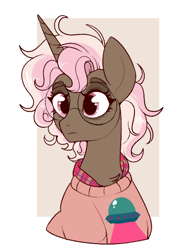 Size: 546x730 | Tagged: safe, artist:lulubell, oc, oc only, oc:neighsayer, pony, unicorn, bust, clothes, female, glasses, passepartout, solo, sweater, ufo