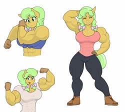 Size: 2983x2674 | Tagged: safe, artist:matchstickman, goldie delicious, earth pony, anthro, g4, abs, arm behind head, biceps, breasts, busty goldie delicious, clothes, deltoids, female, flexing, gloves, high res, mare, midriff, muscles, muscular female, pants, shoes, simple background, sleeveless, solo, white background, young goldie delicious, younger