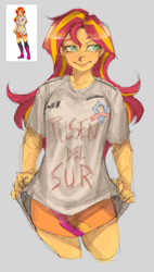 Size: 2228x3935 | Tagged: safe, artist:tendocake, sunset shimmer, human, equestria girls, g4, boots, chile, clothes, female, football, gray background, high res, shirt, shoes, simple background, skirt, smiling, solo, sports