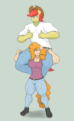 Size: 2641x4349 | Tagged: safe, artist:matchstickman, bright mac, pear butter, earth pony, anthro, g4, abs, breasts, busty pear butter, clothes, denim, duo, female, grin, jeans, looking at you, male, mare, muscles, muscular female, muscular male, pants, pear buffer, pecs, ship:brightbutter, shipping, shoes, shoulder ride, smiling, stallion, straight, thighs, thumbs up, thunder thighs