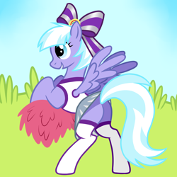 Size: 4000x4000 | Tagged: safe, artist:wtfponytime, lilac sky, pegasus, pony, g4, blue eyes, blue mane, bow, butt, cheerleader, cheerleader outfit, clothes, cloudsdale cheer ponies, female, hair bow, mare, plot, rear view, rearing, short hair, show accurate, simple shading, smiling, socks, solo, spread wings, wing hole, wings