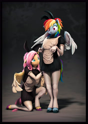 Size: 4000x5656 | Tagged: safe, artist:imafutureguitarhero, part of a set, fluttershy, rainbow dash, bat pony, pegasus, anthro, unguligrade anthro, g4, 3d, :s, absurd resolution, alternate hairstyle, apron, arm freckles, blushing, border, bunny ears, bunny tail, cheek fluff, chin fluff, chromatic aberration, clothes, colored eyebrows, colored eyelashes, colored wings, cute, duo, ear fluff, ear freckles, embarrassed, evening gloves, fangs, female, film grain, floppy ears, fluffy, fluffy hair, fluffy mane, fluffy tail, fluttermaid, freckles, freckleshy, french maid, fur, gloves, hoof fluff, kneeling, leg freckles, long gloves, looking at someone, looking down, maid, mare, matching outfits, multicolored hair, multicolored mane, multicolored tail, nose wrinkle, one ear down, paintover, ponytail, rainbow maid, revamped anthros, revamped ponies, scrunchy face, see-through, shadow, ship:flutterdash, shipping, shyabetes, smiling, smiling at someone, socks, source filmmaker, stockings, tail, thigh highs, two toned wings, unshorn fetlocks, vertical, wall of tags, wavy mouth, wing fluff, wing freckles, wings