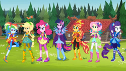 Size: 791x445 | Tagged: safe, artist:lenaedickerson, applejack, fluttershy, pinkie pie, rainbow dash, rarity, sunset shimmer, twilight sparkle, equestria girls, g4, my little pony equestria girls: legend of everfree, boots, camp everfree, clothes, cowboy boots, crystal guardian, gloves, high heel boots, humane five, humane seven, humane six, ponied up, pony ears, shoes, super ponied up, wings