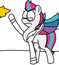 Size: 3023x3351 | Tagged: safe, artist:professorventurer, zipp storm, oc, oc:pom spritz, pegasus, pony, series:ask pippamena, g5, clothes, disguise, duality, female, frown, glasses, high res, holy shit, lab coat, mare, plot twist, raised hoof, reading glasses, reveal, solo, spread wings, standing, throwing, what a twist, wig, wings