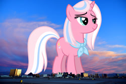 Size: 2048x1365 | Tagged: safe, anonymous editor, artist:starryshineviolet, edit, clear sky, pony, unicorn, g4, bedroom eyes, female, giant pony, giantess, highrise ponies, irl, las vegas, macro, mare, neckerchief, nevada, photo, ponies in real life, smiling, solo