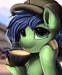 Size: 1446x1764 | Tagged: safe, artist:pridark, oc, oc only, pony, coffee, ear fluff, eyebrows, eyebrows visible through hair, hat, smiling, solo