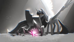 Size: 1000x572 | Tagged: safe, artist:maxiima, twilight sparkle, alicorn, pony, g4, chromatic aberration, element of magic, female, mare, no face, partial color, solo, spread wings, twilight sparkle (alicorn), wings