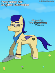 Size: 1250x1635 | Tagged: safe, artist:alejandrogmj, oc, oc:chicken claws, pegasus, pony, clock, clothes, disguise, disguised changeling, flower, glasses, looking to the right, male, ponytober, ponytober 2023, rock, scarf, stallion