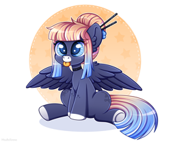 Size: 3135x2600 | Tagged: safe, artist:madelinne, oc, oc only, oc:kimono silk, pegasus, pony, :p, chibi, choker, coat markings, cute, ear fluff, female, freckles, hair bun, high res, mare, pegasus oc, simple background, sitting, solo, spread wings, tongue out, wings