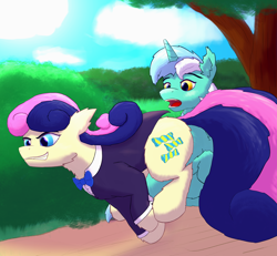 Size: 2070x1911 | Tagged: safe, artist:gosha305, bon bon, lyra heartstrings, sweetie drops, earth pony, pony, unicorn, g4, awestruck, bowtie, cheek fluff, clothes, concentrating, confident, duo, duo female, ear fluff, female, full body, horn, implied shipping, lesbian, looking at someone, multicolored hair, open mouth, running, secret agent sweetie drops, ship:lyrabon, shipping, smiling, smirk, suit