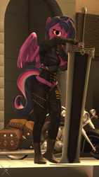 Size: 2160x3840 | Tagged: safe, artist:nightmarezoroark, oc, oc:midnight sparkle, alicorn, anthro, 3d, giant sword, high res, looking at you, metalhead, midriff, solo, soul calibur, source filmmaker, sword, weapon