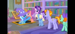 Size: 1600x720 | Tagged: safe, screencap, auburn vision, peppermint goldylinks, starlight glimmer, strawberry swing, trixie, water spout, earth pony, pegasus, pony, unicorn, g4, the ending of the end, bookshelf, butt, colt, evacuation, female, filly, foal, friendship student, library, male, mare, pillarboxing, plot, school of friendship, stallion