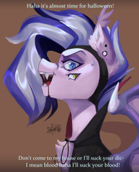 Size: 3192x3968 | Tagged: safe, artist:charlot, oc, oc only, bat pony, pony, undead, vampire, bat wings, blood, bust, chest fluff, clothes, commission, costume, ear fluff, ear piercing, fangs, four eyes, halloween, halloween costume, holiday, looking at you, meme, not queen haven, parody, piercing, portrait, solo, sweat, wings, ych result
