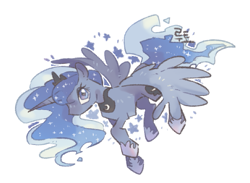Size: 617x451 | Tagged: safe, artist:q_o_o_p_x, princess luna, alicorn, pony, g4, crown, ethereal hair, ethereal mane, ethereal tail, eyeshadow, female, flying, hoof shoes, jewelry, looking at you, makeup, mare, no mouth, peytral, princess shoes, regalia, simple background, solo, sparkles, sparkly mane, sparkly tail, spread wings, starry mane, starry tail, stars, tail, tiara, white background, wings