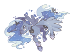 Size: 617x451 | Tagged: safe, artist:q_o_o_p_x, princess luna, alicorn, pony, crown, ethereal hair, ethereal mane, ethereal tail, eyeshadow, female, flying, hoof shoes, jewelry, looking at you, makeup, mare, no mouth, peytral, princess shoes, regalia, simple background, solo, sparkly mane, sparkly tail, spread wings, starry mane, starry tail, stars, tail, tiara, white background, wings