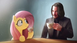 Size: 1920x1080 | Tagged: safe, artist:makaryo, fluttershy, human, pegasus, pony, cup, duo, duo male and female, female, hoof hold, keanu reeves, looking at each other, looking at someone, male, mare, signature, smiling, teacup