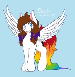 Size: 2002x2048 | Tagged: safe, artist:mscolorsplash, oc, oc only, oc:color splash, pegasus, pony, blue background, bow, female, hair bow, high res, mare, pigtails, ponytober, rainbow tail, simple background, solo, spread wings, tail, tongue out, twintails, wings