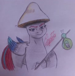 Size: 1836x1872 | Tagged: safe, artist:cjv2004, zipp storm, pegasnail, pegasus, pony, snail, g5, angry, female, fungus, helmet, looking at you, mare, paper background, reference in the description, shailushai, smurf cat, smurfs, solo, the smurfs, traditional art, unamused, zipp storm is not amused
