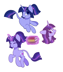 Size: 868x1000 | Tagged: safe, artist:risswm, twilight sparkle, pony, unicorn, g4, alternate cutie mark, alternate design, alternate hairstyle, book, eyes closed, female, leonine tail, levitation, magic, mare, ponytail, redesign, simple background, smiling, solo, tail, telekinesis, unicorn twilight, white background