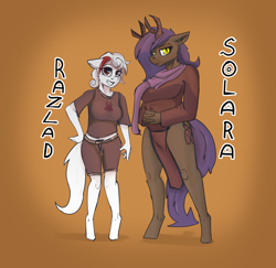 Size: 3298x3207 | Tagged: safe, artist:queen-razlad, oc, oc only, oc:razlad, oc:solara, devil, anthro, frown, helix horn, high res, horn, looking at you, pose, smiling