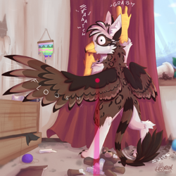 Size: 2000x2000 | Tagged: safe, artist:lionbun, oc, oc only, oc:ospreay, griffon, behaving like a cat, commission, curtains, destruction, griffon oc, griffons doing cat things, high res, laser pointer, room