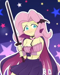 Size: 2026x2503 | Tagged: safe, artist:batipin, fluttershy, equestria girls, belly button, breasts, busty fluttershy, cleavage, clothes, cosplay, costume, skirt, the demon girl next door