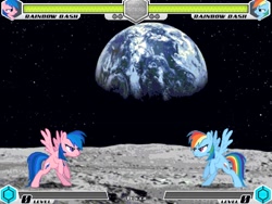 Size: 994x746 | Tagged: safe, artist:tom artista, screencap, rainbow dash, pegasus, fighting is magic, bipedal, earth, fight, game, globe, gravity, mane six, moon, new, planet, space, stage, view, vision, zero gravity
