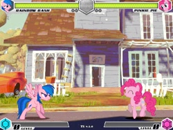 Size: 994x746 | Tagged: safe, artist:tom artista, pinkie pie, rainbow dash, fighting is magic, crossover, fight, hello neighbor, house, mane six, mansion, new, stage