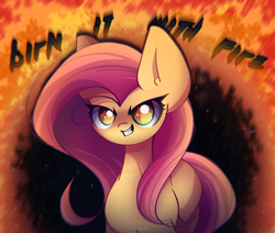 Size: 2600x2200 | Tagged: safe, artist:miryelis, fluttershy, pegasus, pony, big ears, burning, female, fire, long hair, mare, meme, misspelling, smiling, solo, text