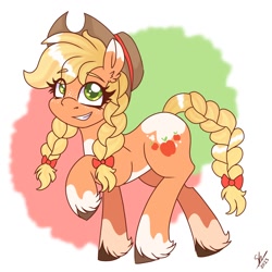 Size: 1280x1280 | Tagged: safe, artist:galaxy swirl, applejack, earth pony, pony, g4, alternate design, bow, braid, braided pigtails, braided tail, cute, eye clipping through hair, female, freckles, hair bow, hat, jackabetes, mare, pigtails, smiling, solo, tail, unshorn fetlocks