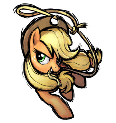 Size: 640x685 | Tagged: safe, artist:mane6, applejack, earth pony, pony, fighting is magic, g4, action pose, female, grin, lasso, mare, mouth hold, rope, simple background, smiling, solo, standing, standing on one leg, white background