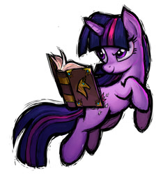 Size: 640x685 | Tagged: source needed, safe, artist:mane6, twilight sparkle, pony, unicorn, fighting is magic, g4, action pose, book, book of harmony, female, looking back, mare, rearing, simple background, smiling, smirk, solo, unicorn twilight, white background
