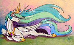 Size: 1600x969 | Tagged: safe, artist:sunny way, princess celestia, alicorn, pony, g4, art, artwork, belly, concave belly, crown, date (time), digital art, eyelashes, female, hoof shoes, horn, jewelry, large wings, long horn, long mane, long tail, lying down, mare, missing cutie mark, on side, peytral, princess, princess shoes, regalia, signature, slim, smiling, solo, sternocleidomastoid, tail, thin, turned head, windswept mane, wings
