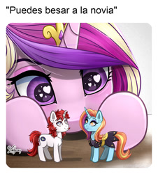 Size: 1024x1134 | Tagged: safe, alternate character, alternate version, artist:lailyren, princess cadance, sassy saddles, oc, alicorn, pony, unicorn, g4, canon x oc, commission, heart, heart eyes, meme, now kiss, ponified animal photo, ponified meme, princess of shipping, shipper on deck, spanish, toy, wingding eyes, ych result