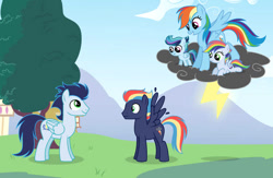 Size: 749x488 | Tagged: safe, artist:rilalinar, rainbow dash, soarin', oc, oc:cloudburst, oc:rainbow zap, oc:thunder, pegasus, pony, g4, cloud, colt, female, filly, foal, male, mare, offspring, parent:rainbow dash, parent:soarin', parents:soarindash, ship:soarindash, shipping, stallion, straight