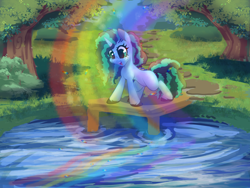Size: 4000x3000 | Tagged: safe, artist:ariamidnighters, misty brightdawn, pony, unicorn, g5, cute, female, freckles, grass, high res, looking at something, looking down, mare, mistybetes, nature, open mouth, open smile, outdoors, pier, pond, rainbow, smiling, solo, tree, water