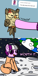 Size: 800x1602 | Tagged: safe, artist:thedragenda, owlowiscious, oc, oc:ace, bird, earth pony, owl, pony, ask-acepony, g4, cross-popping veins, emanata, moon, spacesuit, to the moon, worth it
