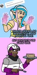 Size: 800x1602 | Tagged: safe, artist:thedragenda, oc, oc:ace, oc:aurora (thedragenda), human, ask-acepony, asexual pride flag, bracelet, cake, clothes, dark skin, dialogue, elf ears, food, holding, humanized, jewelry, light skin, magic, open mouth, open smile, painted nails, plate, pride, pride flag, smiling, spoon, sweater, talking to viewer, turtleneck