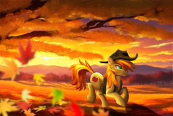 Size: 2700x1800 | Tagged: safe, artist:allegrenix, braeburn, earth pony, pony, g4, autumn, autumn leaves, clothes, cowboy hat, hat, leaves, male, running, solo, stallion, sunset, tree, vest