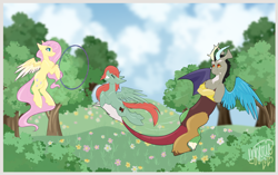 Size: 5060x3178 | Tagged: safe, artist:ezzerie, discord, fluttershy, oc, draconequus, pegasus, pony, g4, chest fluff, cloud, commission, crossed arms, digital art, ears back, eyes closed, female, field, flower, flying, grin, hoof hold, hoop, male, mare, signature, sliding, smiling, tree, trio