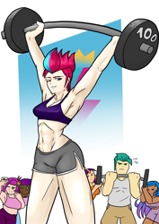 Size: 2480x3508 | Tagged: safe, artist:jackudoggy, hitch trailblazer, izzy moonbow, misty brightdawn, pipp petals, sunny starscout, zipp storm, human, g5, abs, armpits, barbell, belly, breasts, busty zipp storm, clothes, cutie mark background, dark skin, female, fit, gradient background, high res, humanized, looking at you, male, mane five, mane six (g5), mane stripe sunny, midriff, moderate dark skin, muscles, muscular female, pale skin, passepartout, rebirth misty, ribcage, ripped zipp, selfie, shorts, slender, sports bra, sports outfit, tan skin, thin, weights