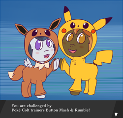 Size: 1150x1100 | Tagged: safe, artist:wanda, button mash, rumble, earth pony, eevee, pegasus, pikachu, pony, g4, buttonbetes, clothes, colt, costume, cute, foal, male, pokémon, rumblebetes, text