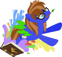 Size: 2203x2039 | Tagged: safe, artist:pure-blue-heart, oc, oc only, oc:bluebook, pegasus, pony, base used, blue eyes, book, brown mane, colored wings, ear piercing, earring, female, freckles, glasses, high res, jewelry, mare, paint, paintbrush, pegasus oc, piercing, simple background, tail, transparent background, two toned mane, two toned tail, two toned wings, watermark, wings