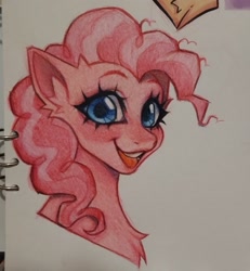 Size: 2253x2434 | Tagged: safe, artist:tendocake, pinkie pie, earth pony, pony, g4, big eyes, colored pencil drawing, high res, looking at you, smiling, smiling at you, solo, traditional art