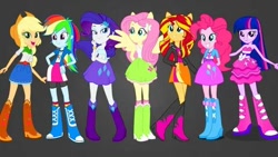 Size: 480x270 | Tagged: artist needed, source needed, safe, applejack, fluttershy, pinkie pie, rainbow dash, rarity, sunset shimmer, twilight sparkle, equestria girls, g4, belt, boots, clothes, cowboy boots, cowboy hat, fall formal outfits, gray background, hat, high heel boots, humane five, humane seven, humane six, jacket, ponied up, shirt, shoes, simple background, skirt, socks, vest