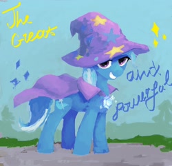 Size: 1504x1448 | Tagged: safe, artist:some_ponu, trixie, pony, unicorn, g4, cape, clothes, female, great and powerful, grin, hat, lidded eyes, looking at you, mare, ms paint, smiling, solo, sparkles, standing, trixie's cape, trixie's hat