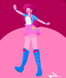 Size: 2000x2362 | Tagged: safe, artist:c0r0nad04z, pinkie pie, equestria girls, g4, abstract background, boots, clothes, high heel boots, high res, jacket, open mouth, shirt, shoes, simple background, skirt, vest