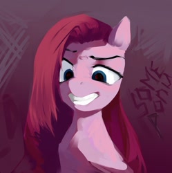 Size: 1040x1043 | Tagged: safe, artist:some_ponu, pinkie pie, earth pony, pony, g4, abstract background, evil smile, eyebrows, female, grin, looking down, mare, pinkamena diane pie, raised eyebrow, smiling, solo